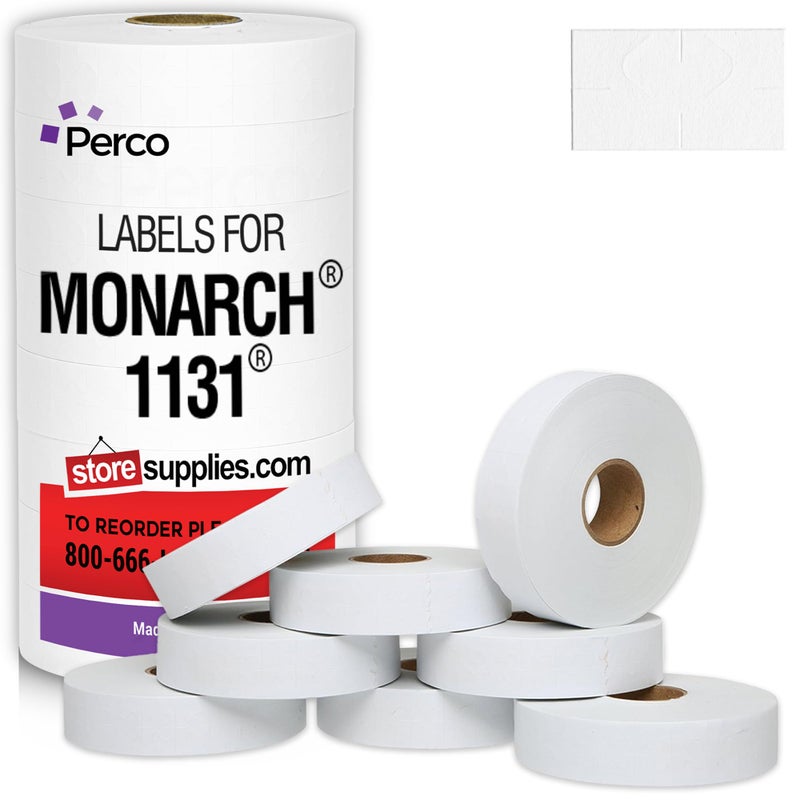 Perco White Pricing Labels for Monarch 1131 Price Gun - 1 Sleeve, 8 Rolls, 20,000 Price Marking Labels - with Ink Roll Included - Image 1